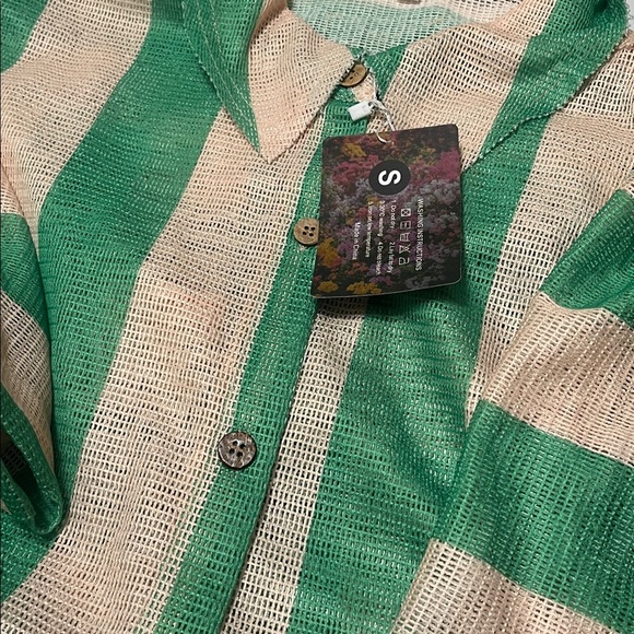 Gacaky Button Down Shirt Sz S Swimsuit Beach Shirt Tops Green & White Striped - Picture 7 of 9
